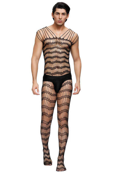 Black Strappy Shoulders Sheer Open Net Bodystockings For Men