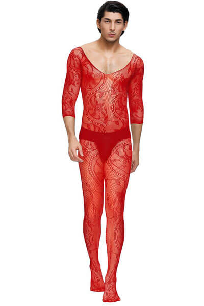 Fishnet And Lace Crotchless Floral Red Bodystockings For Men