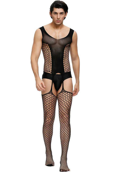 Bold Cutout Pothole Black Body Stocking For Men