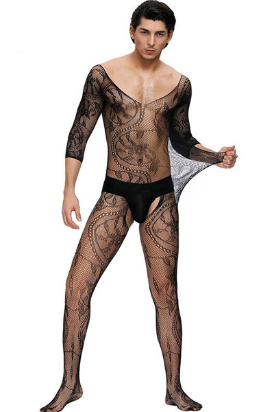 Fishnet & Lace Crotchless Floral Black Body Stocking For Men