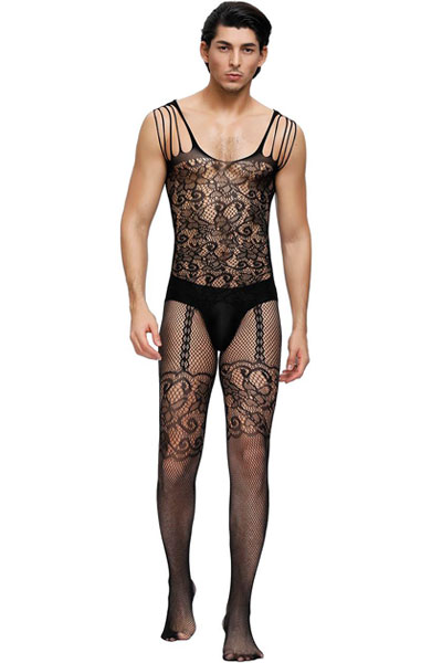 Strappy Shoulders Floral Motif Mesh Black Body Stockings For Men