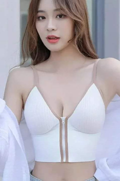 White Deep V-neck Front Zipper Beautiful Back Strap Bra